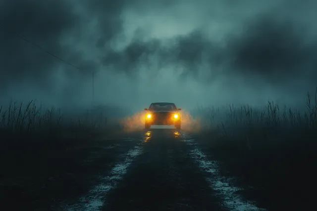 A lone car with glowing headlights drives down a foggy wet road at night beneath storm clouds.