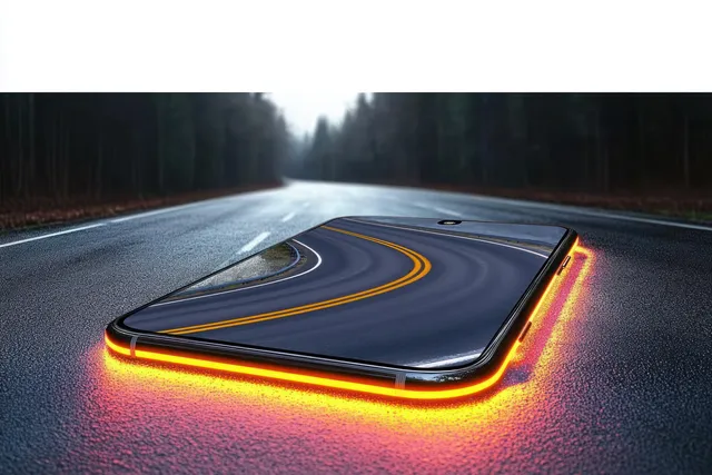 A smartphone rests on a wet highway at night, merging with curved road lines and glowing orange edges beside dark trees.