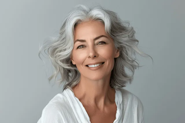 Smiling senior woman with flowing grey hair in soft studio close-up