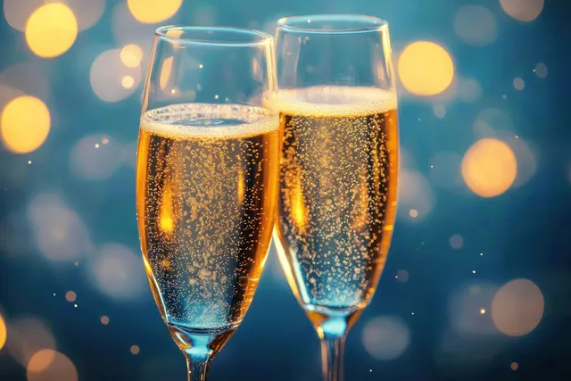 Two champagne flutes clinking with golden sparkling bubbles and glowing bokeh lights