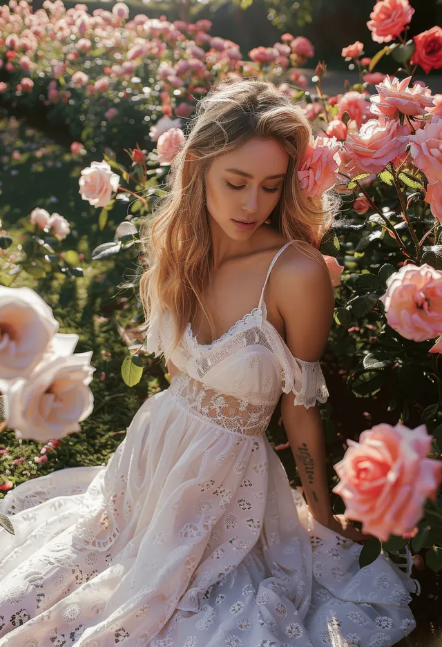 Blonde woman in white dress smelling pink roses in summer garden