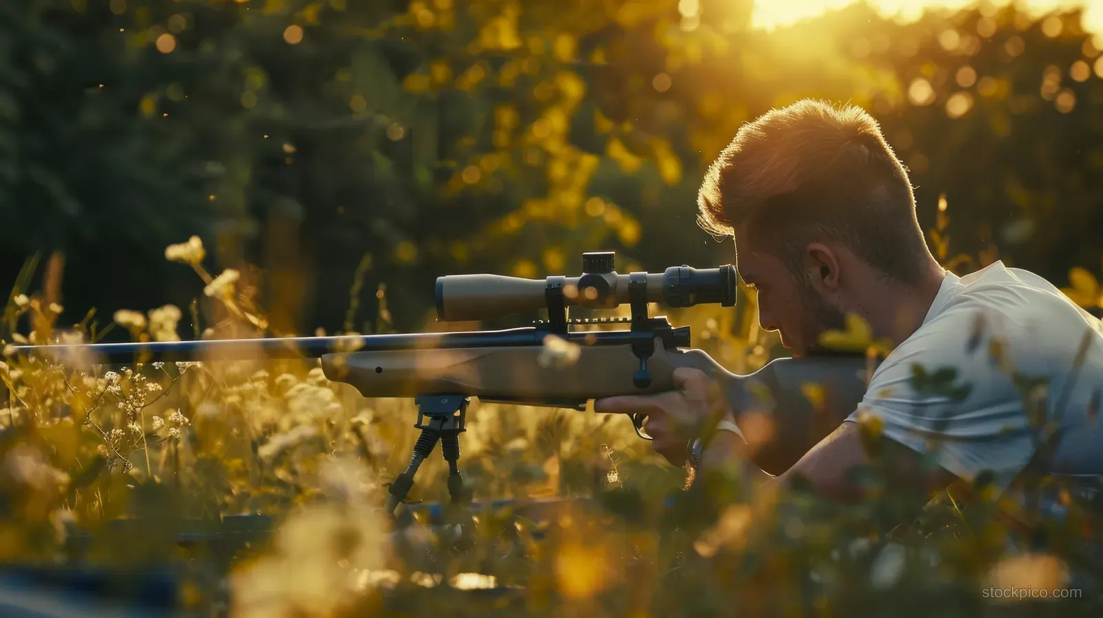 An athlete aims a scoped rifle from a prone position at a 50m outdoor shooting range at sunset.