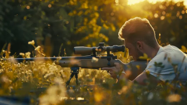 An athlete aims a scoped rifle from a prone position at a 50m outdoor shooting range at sunset.