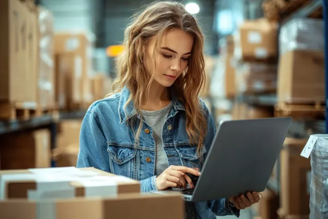 Young woman in a denim jacket uses a laptop while holding a cardboard box in a warehouse aisle.