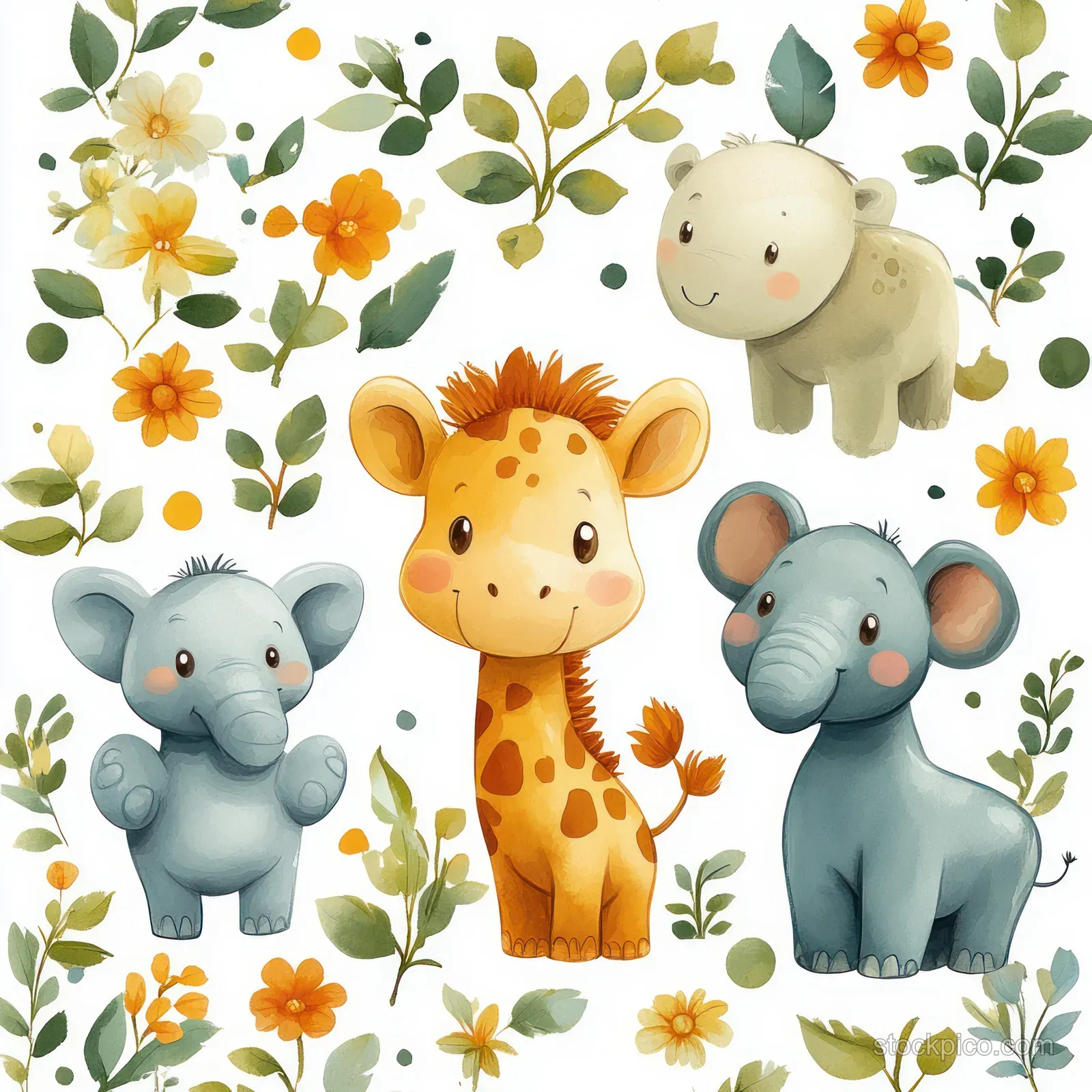 Repeating watercolor pattern of cute safari animals including a giraffe, zebra, elephant, and parrot with scattered flowers.