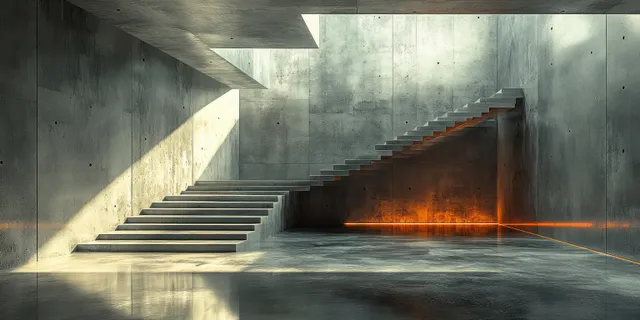 Overhead view of an empty concrete interior with a staircase and a glowing orange pool of light.