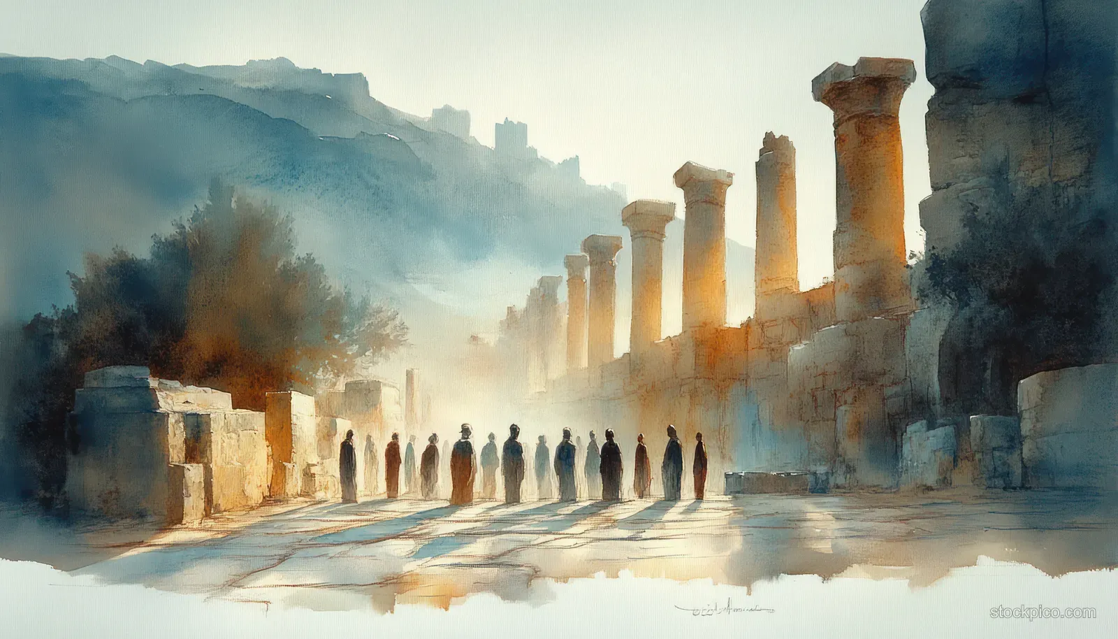 Jesus and disciples walk toward ancient columns in a misty watercolor landscape with soft pastel light.