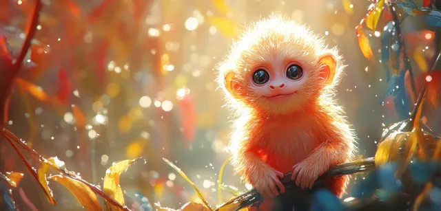 A uakari monkey watercolor illustration perches on a branch with golden leaves and sparkling light particles.
