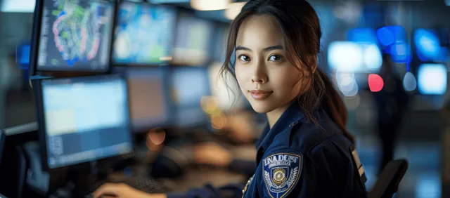 Asian female police officer working at computer desk in nighttime command center
