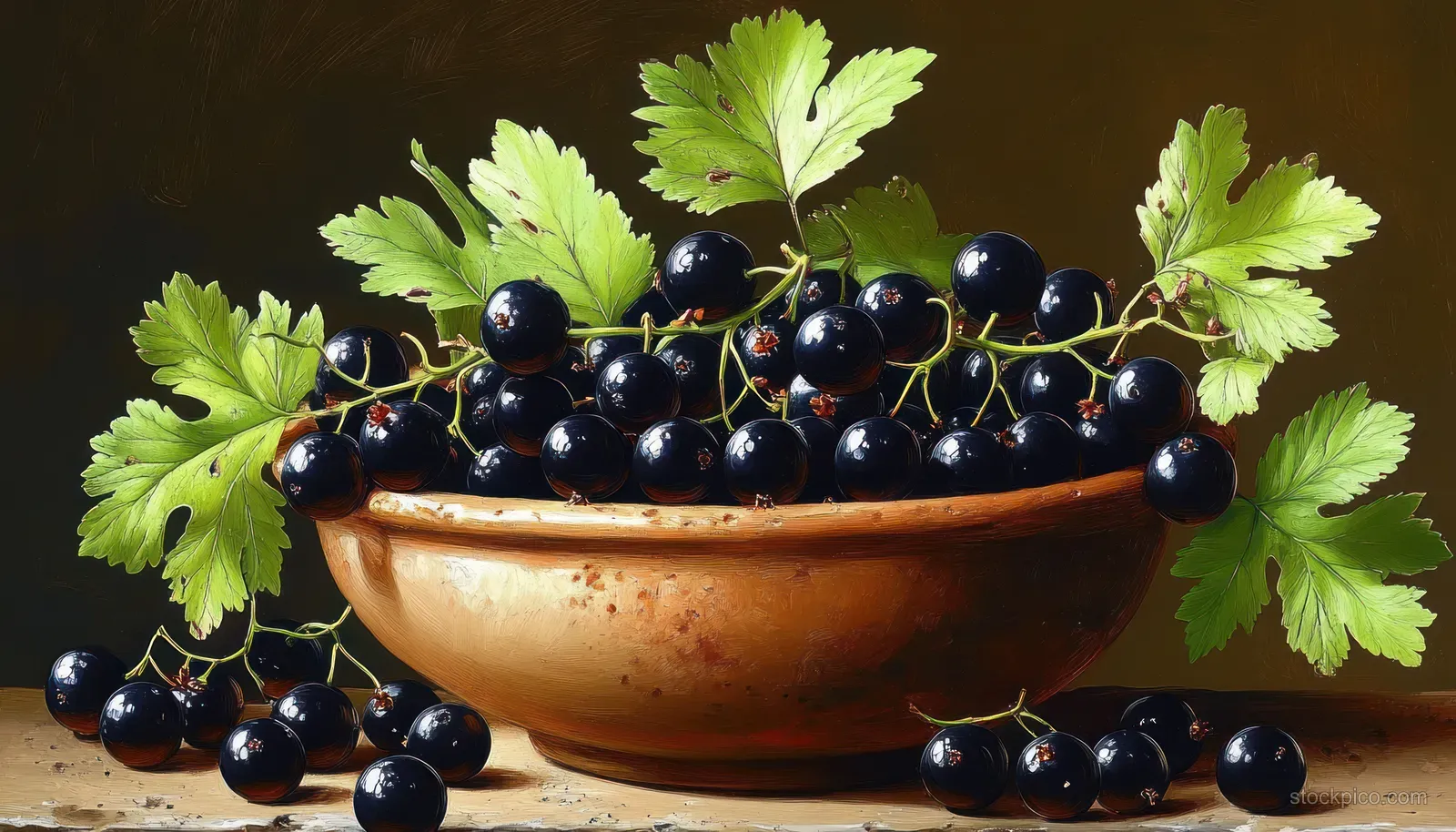 Shiny black currant berries in a rustic bowl surrounded by fresh green leaves on a wooden surface.