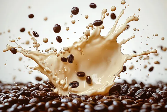 Milk splash erupts upward with scattered coffee beans on a bright white background.