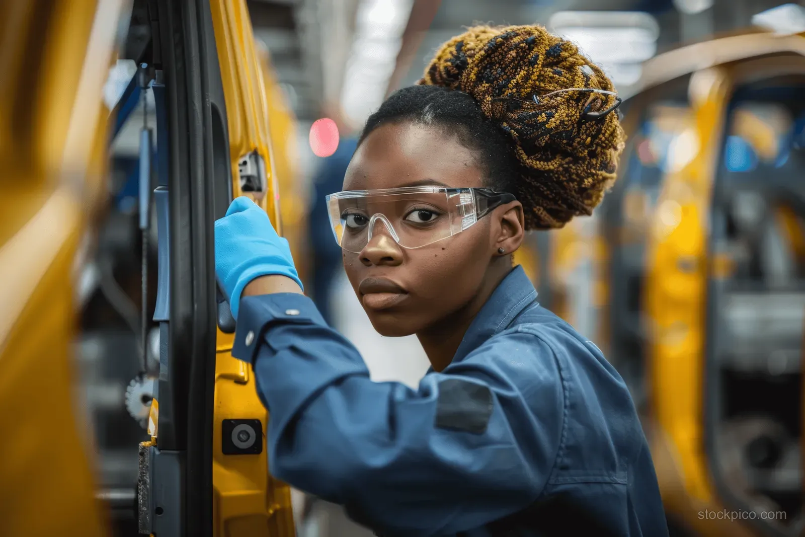 A young woman in a blue uniform adjusts a car component on an assembly line wearing safety glasses and gloves.