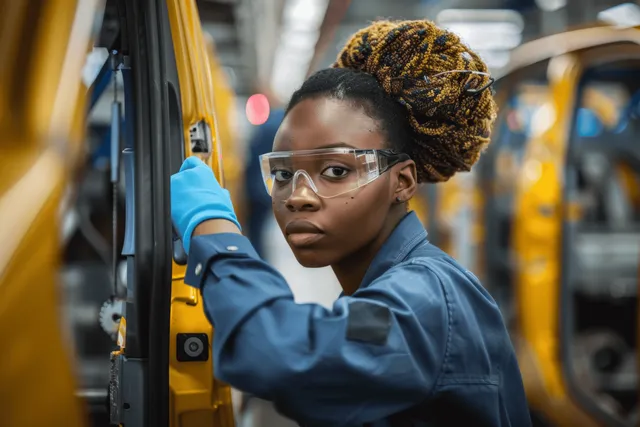 Young African woman installs car part in manufacturing plant, wearing safety glasses and gloves