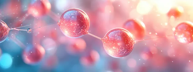 Futuristic skincare molecular network with glowing collagen and hyaluronic acid spheres drifting