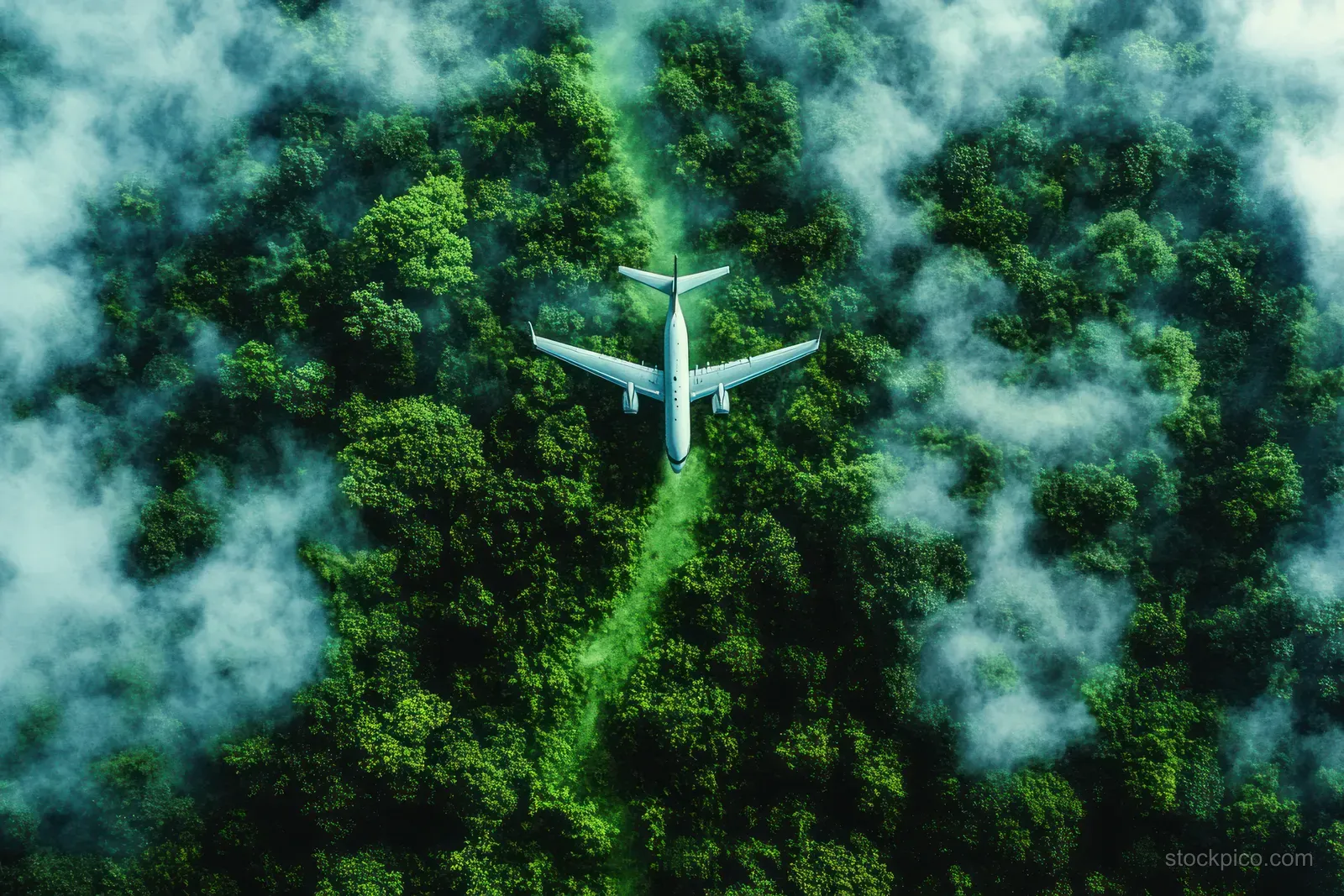 A white airplane flies above dense green forest with mist and clouds forming a glowing aerial scene.