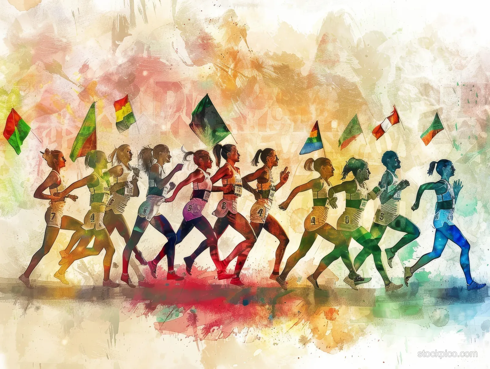 An illustrated Italian women’s modern pentathlon team runs in synchronized poses amid watercolor flag splashes at Rio 2016.