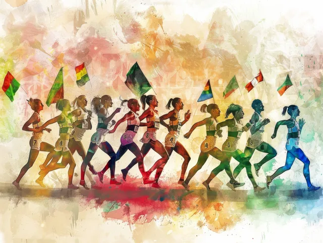 An illustrated Italian women’s modern pentathlon team runs in synchronized poses amid watercolor flag splashes at Rio 2016.
