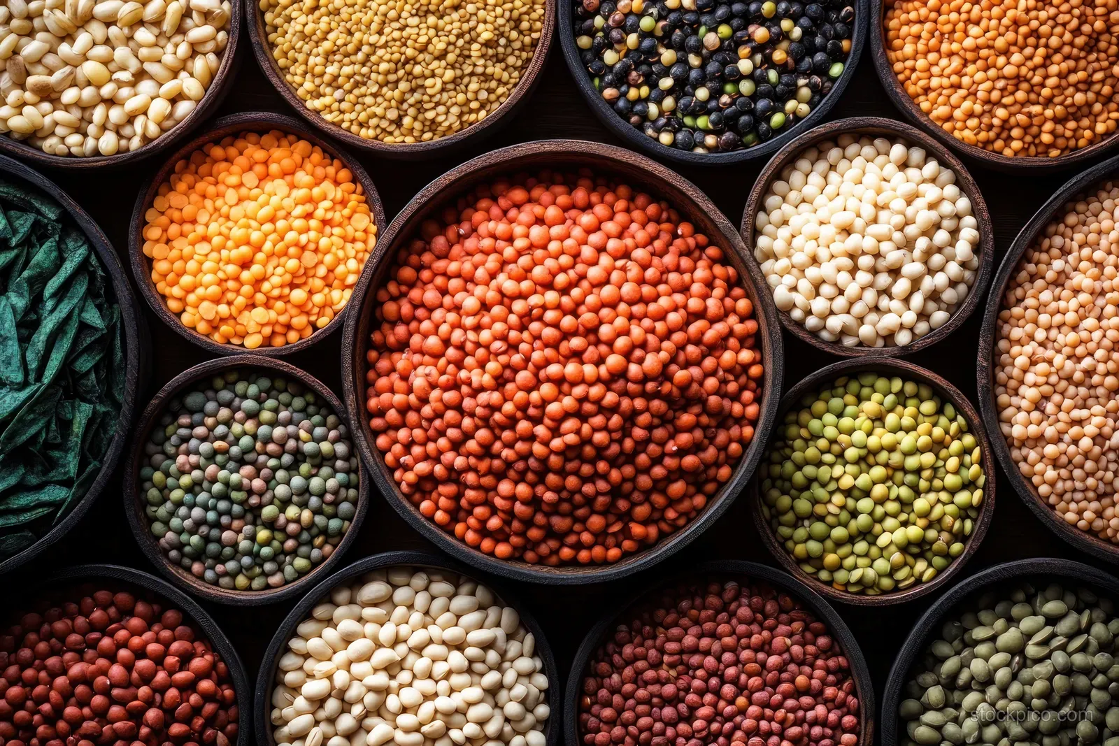 Colorful lentils and beans packed into dark round bowls in a textured mosaic close-up.