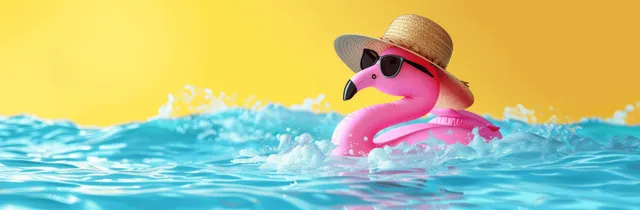 A pink inflatable flamingo with sunglasses and a straw hat floats on a blue water wave over a yellow background.