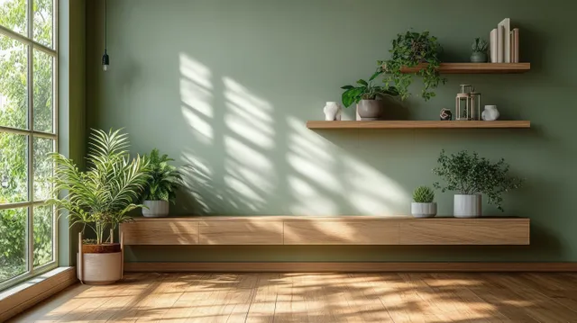 Sunlit Scandinavian living room showing a green wall, wooden shelves, and potted plants near a window.
