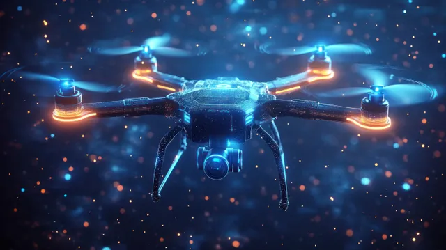 Neon cyberpunk drone hovers with a visible video camera, glowing propellers, and wireframe lights against a starry dark backdrop.