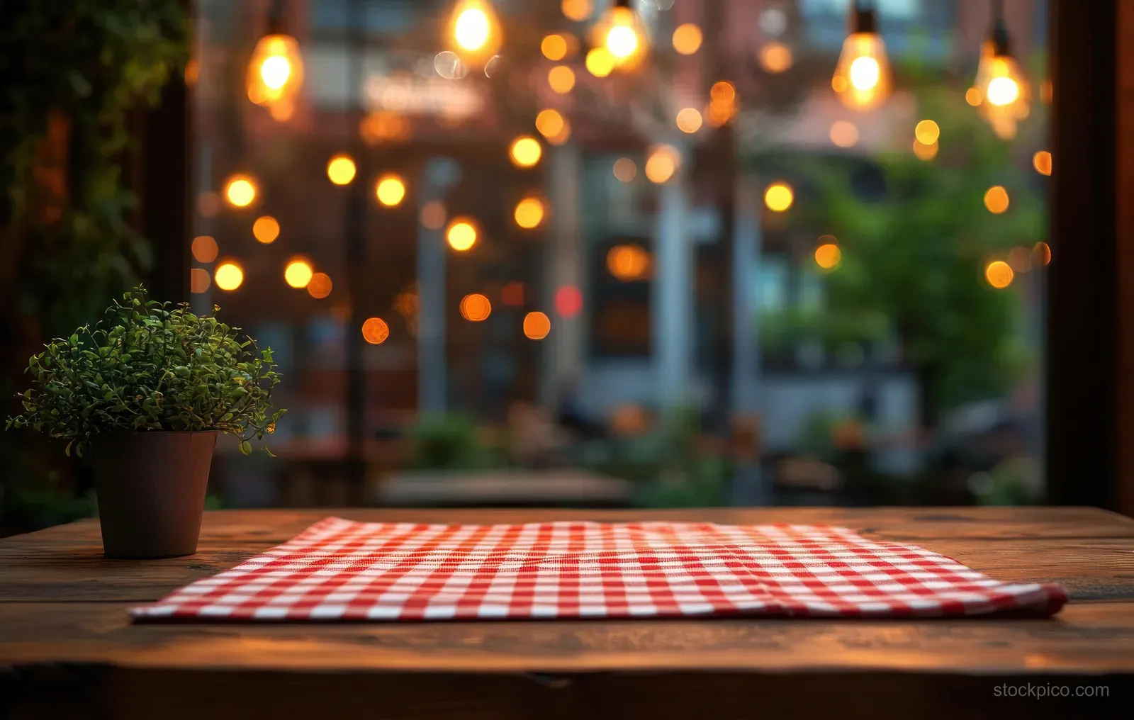 Rustic wooden table with a red and white checkered cloth and a small potted plant, with warm blurred bokeh lights behind.
