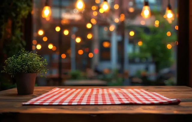 Rustic wooden table set for evening dining with red-and-white checkered cloth and potted plant