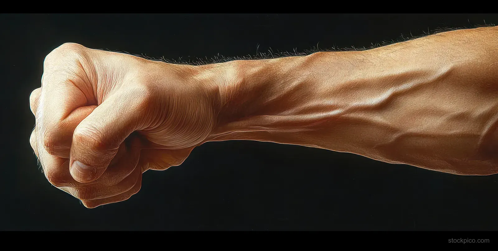 A clenched fist on a muscular forearm with visible veins against a dark background.
