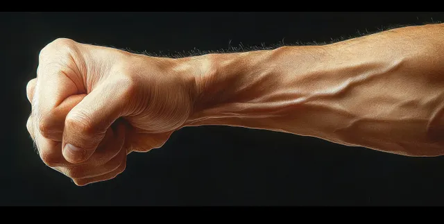Close-up muscular arm flexing with clenched fist against dark background, veins visible