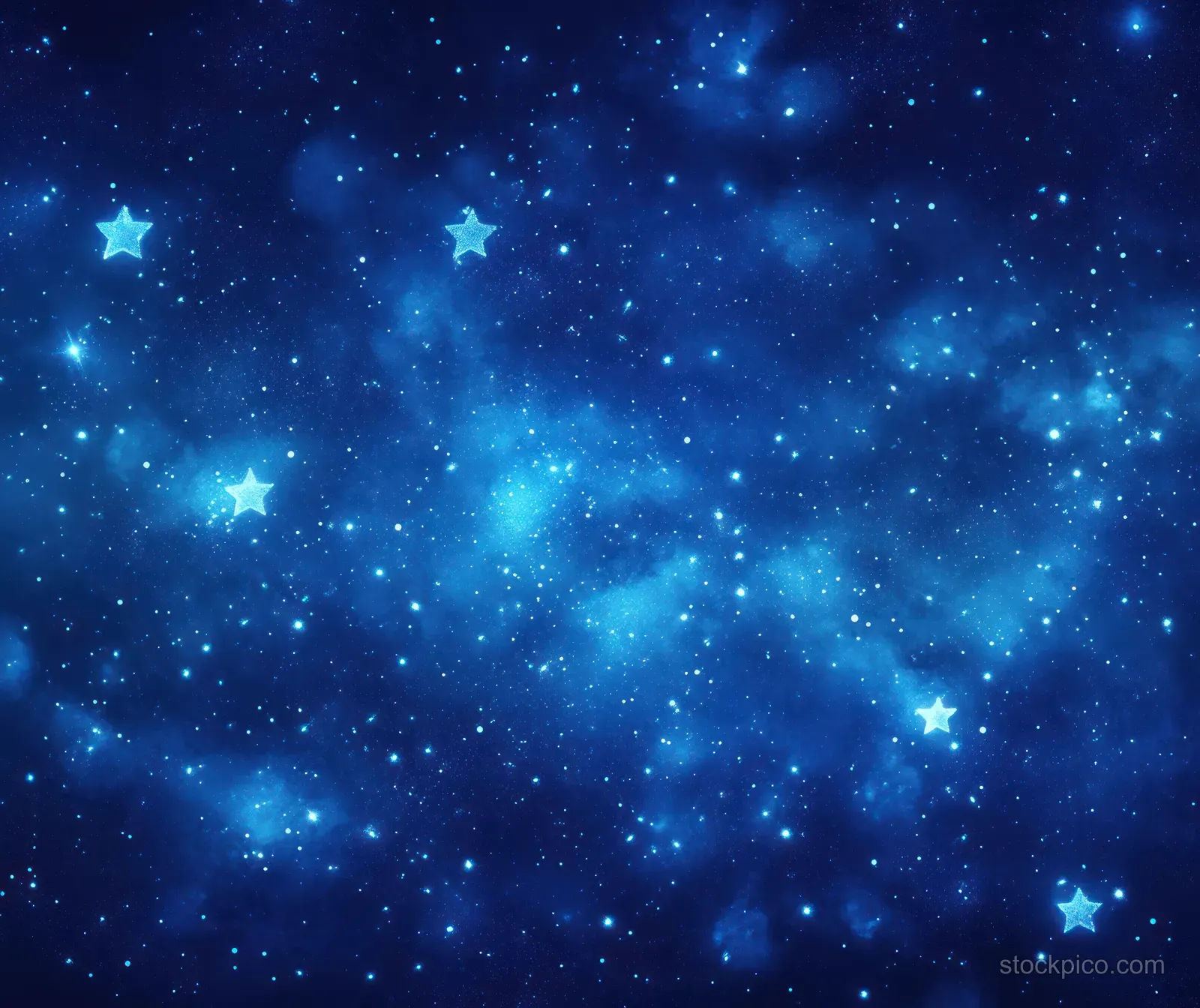 Watercolor night sky background with glowing blue stars and soft bokeh light circles.
