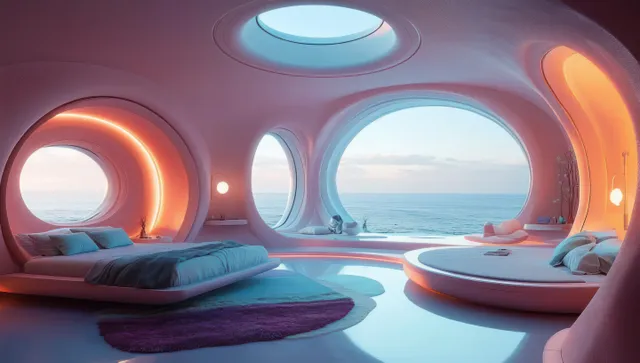 Futuristic bedroom interior with a round bed and glowing circular windows showing the ocean under soft pink light.
