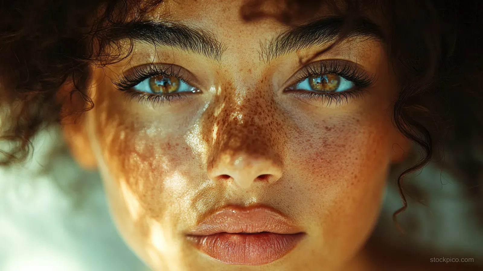 Close-up of a woman with curly hair, freckles, and warm natural light on her face.