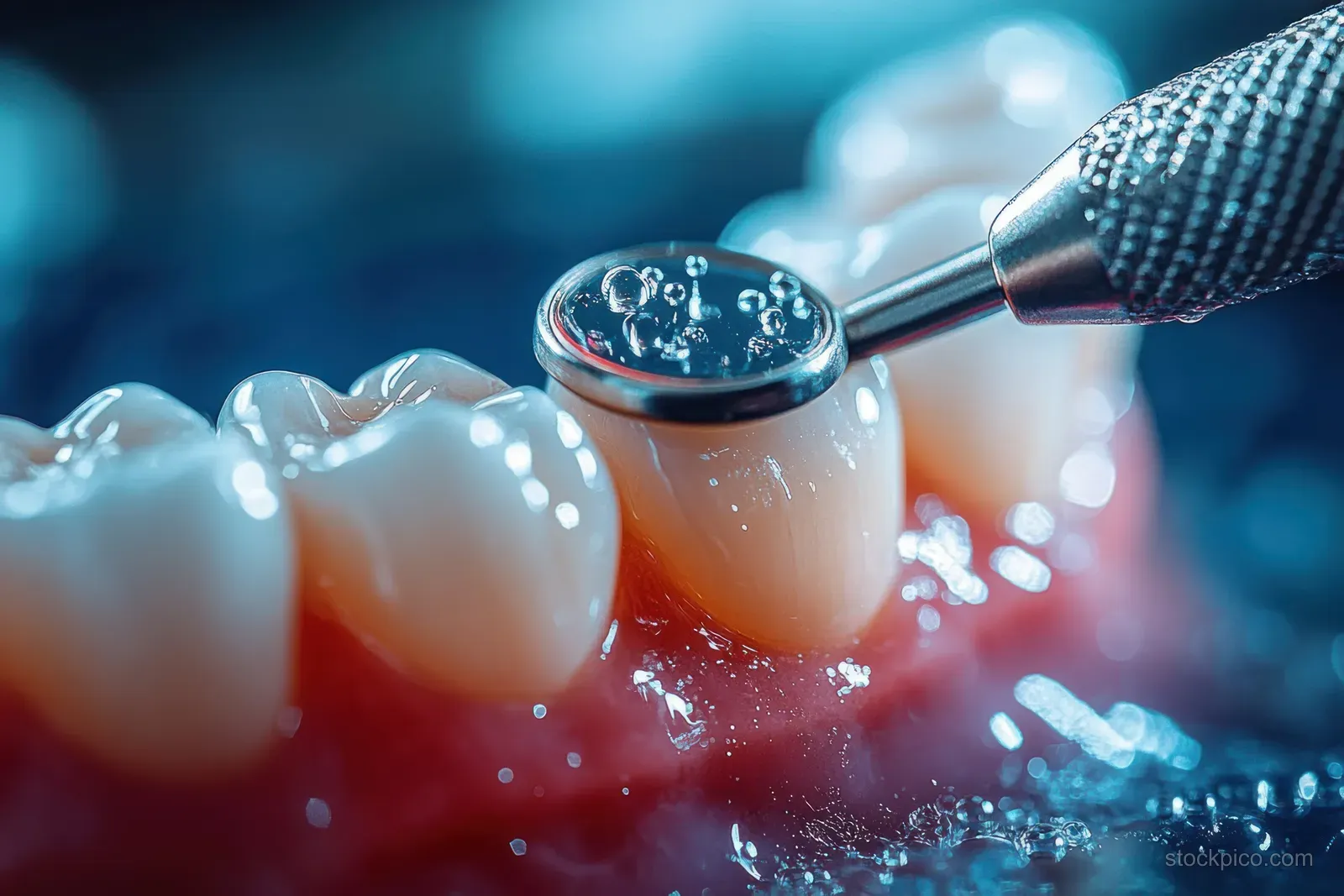 Dental mirror and tool examine wet white teeth with red gums under bright blue light.