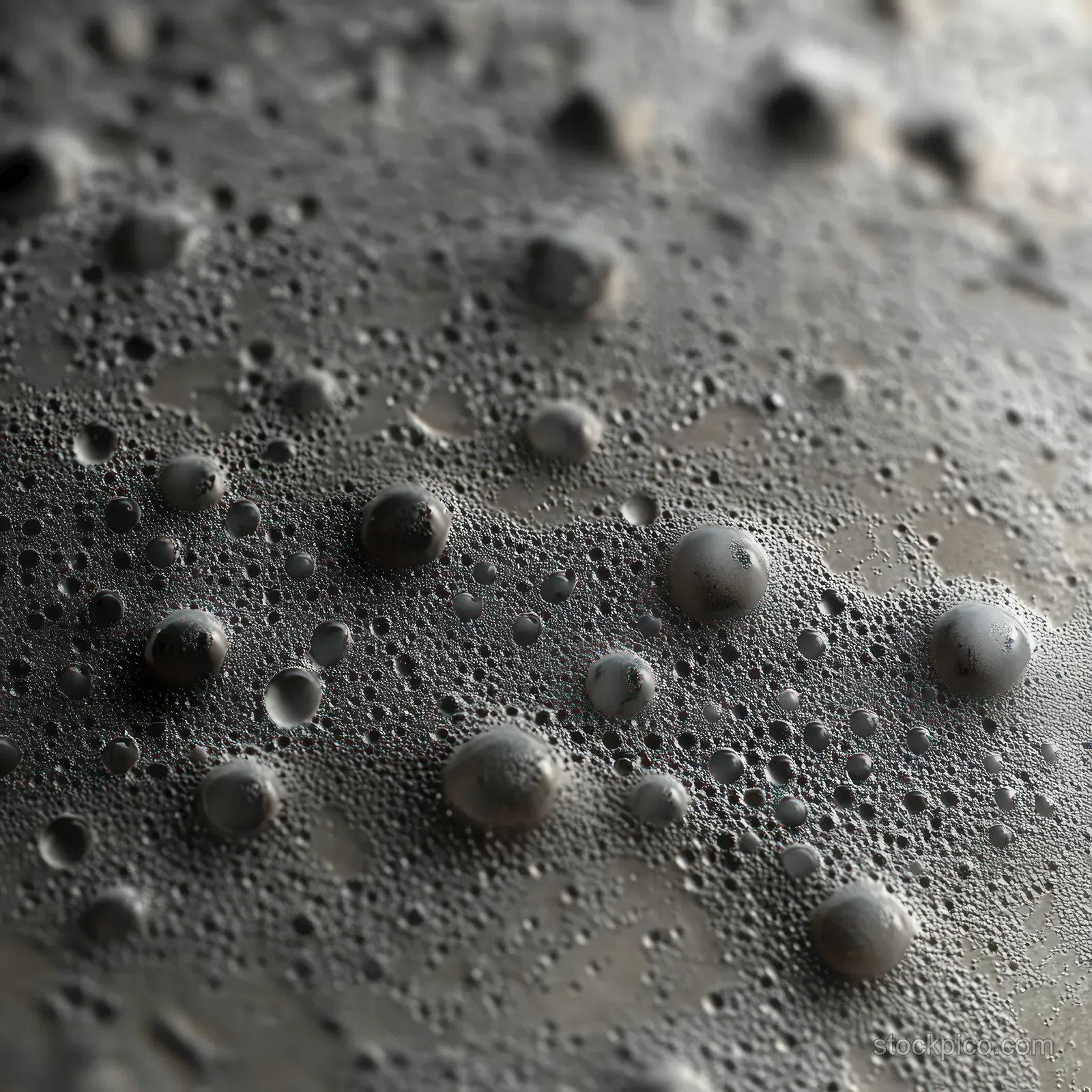 Close-up of dark bubbles clustered on a textured wet surface with soft shadows and diffuse light.