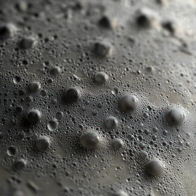 Close-up of dark bubbles clustered on a textured wet surface with soft shadows and diffuse light.