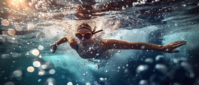 Underwater view of a swimmer performing butterfly stroke with bubbles and light reflections overhead.