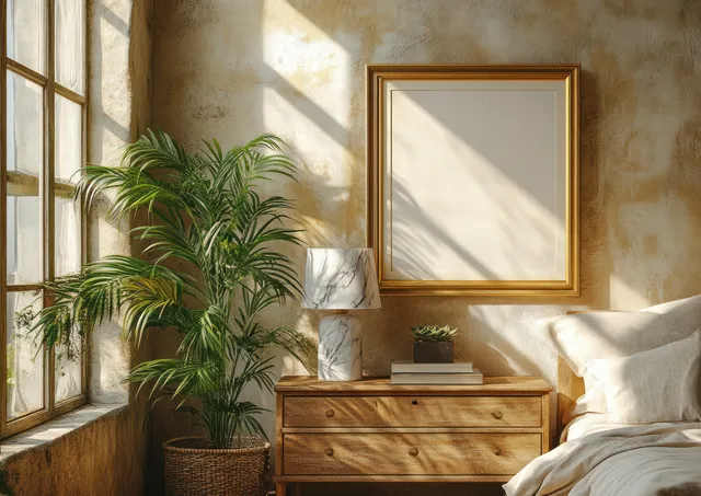 Minimalist wooden dresser with a golden empty frame, potted plant, marble lamp, and soft sunlight through windows.