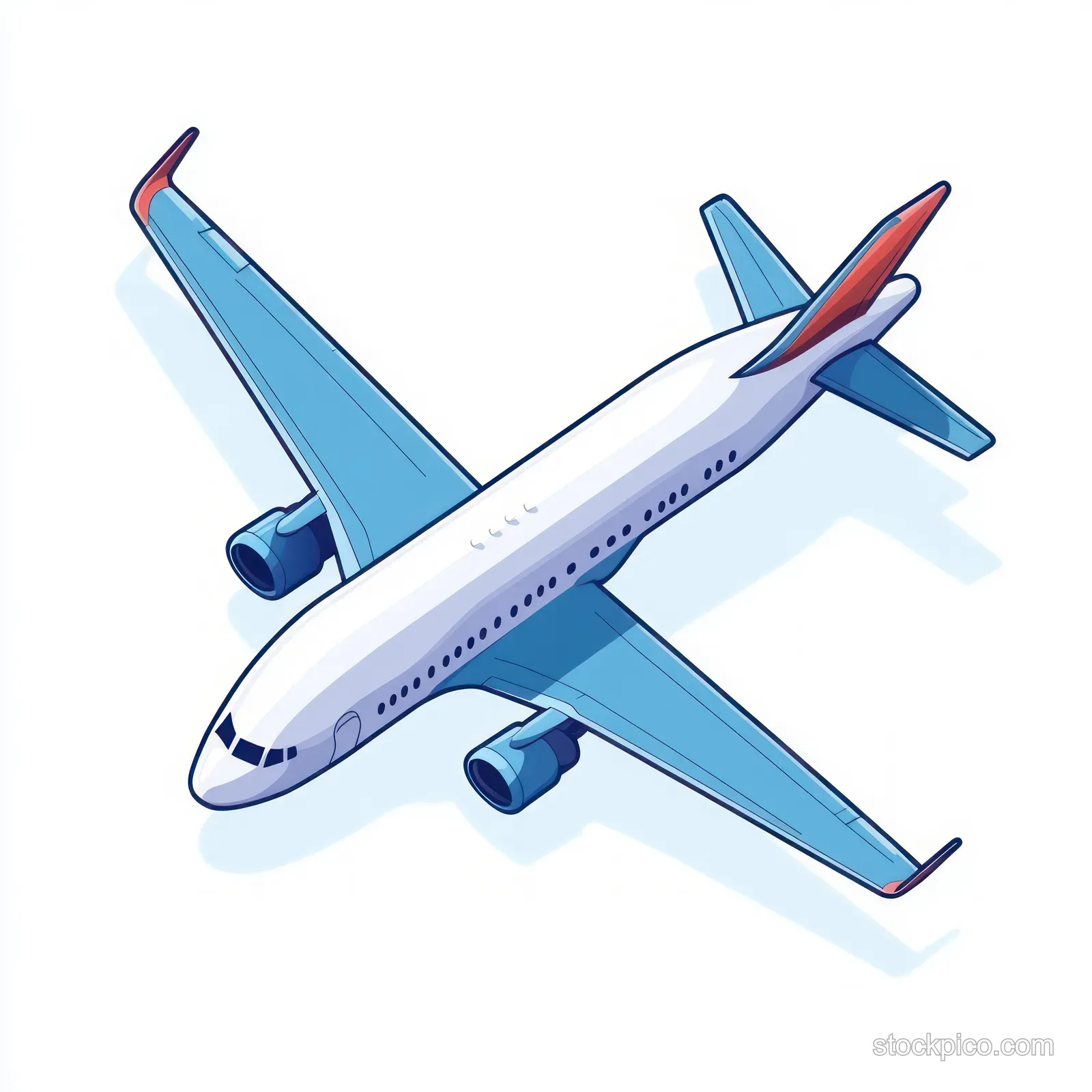 Overhead view illustration of a blue commercial airplane with red wing tips flying over a white background.