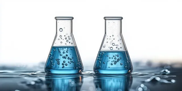 Two laboratory flasks with bubbling blue liquid on reflective surface, water spreading