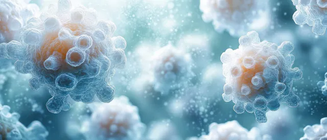Abstract artwork depicting white blood cells and immune activity in a calming blue and green palette for medical visuals.