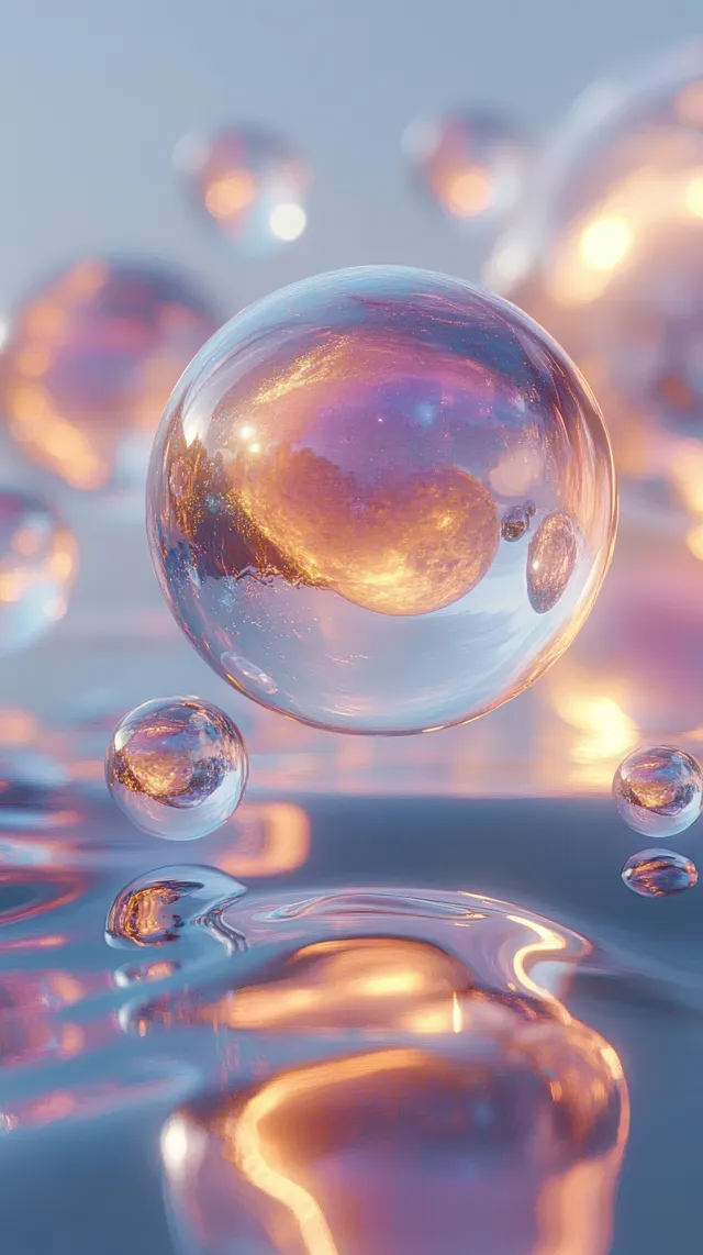 Transparent glass spheres float above a reflective surface, glowing with warm pastel light and refracted reflections.