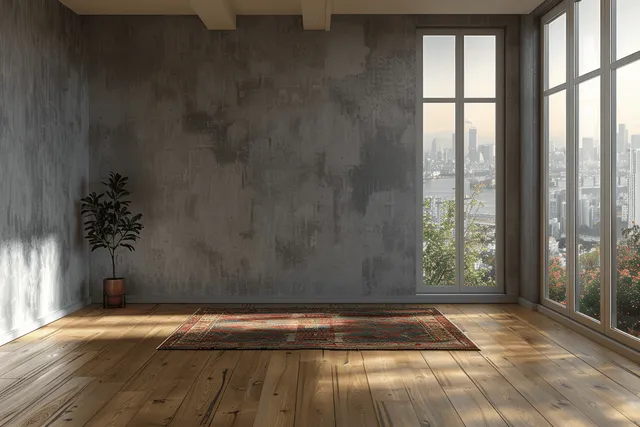 Minimalist living room with wooden floor, potted plant, rug, and wide city skyline windows
