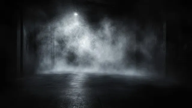 A dark abandoned corridor with thick fog and smoky haze illuminated by faint light beams.