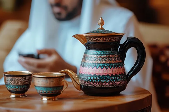 Ornate coffee pot and patterned cups on a wooden table with a man in white traditional clothing holding a smartphone.