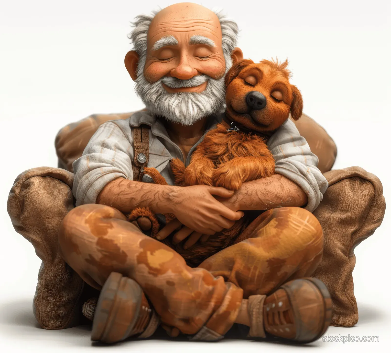 An elderly man sits on a couch hugging a fluffy dog.