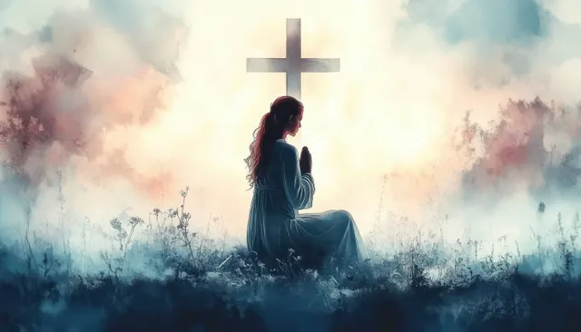 A woman kneels in prayer beneath a glowing cross in a misty sky with watercolor clouds and haze.