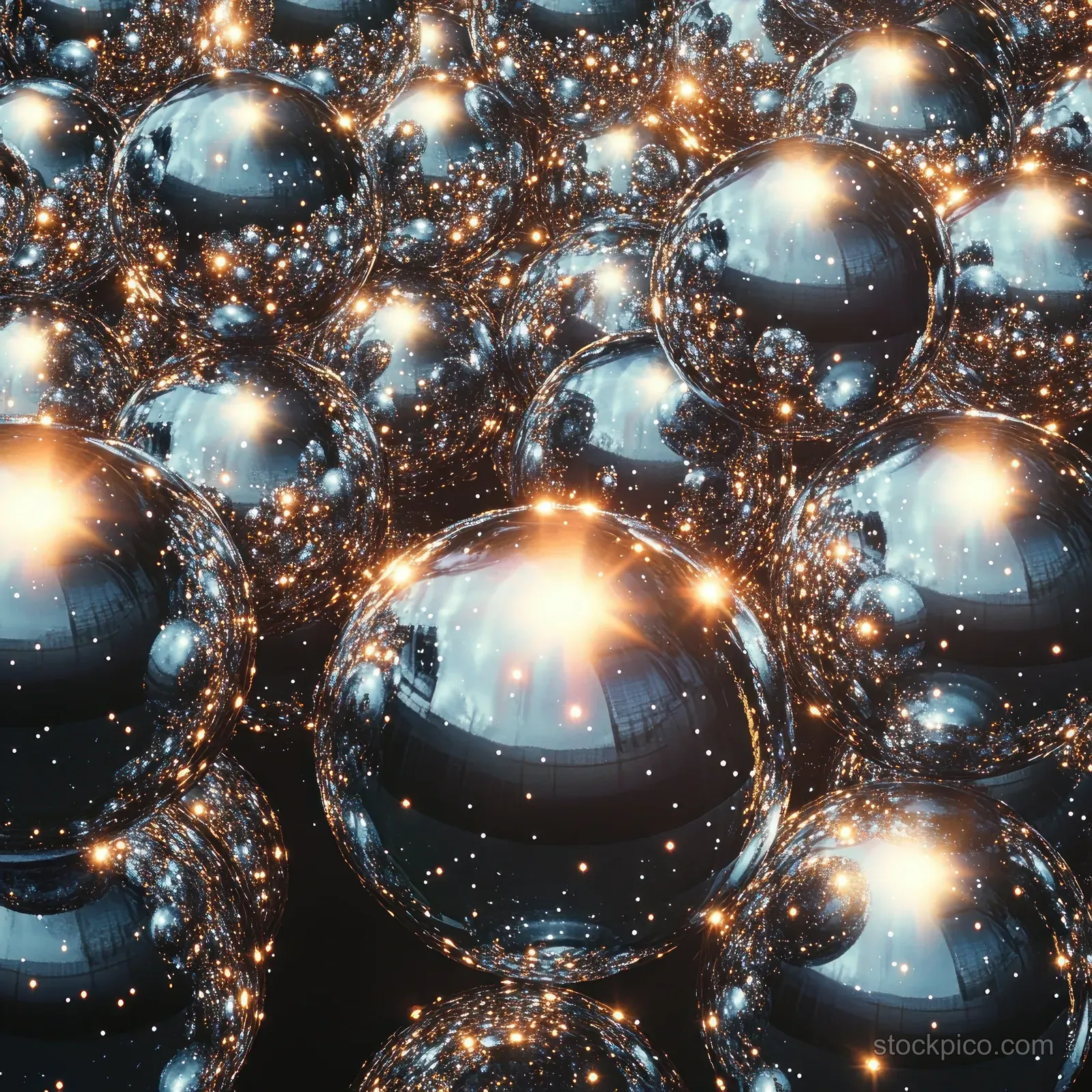 Dense cluster of reflective metallic spheres shimmering with glowing light reflections on a dark background.