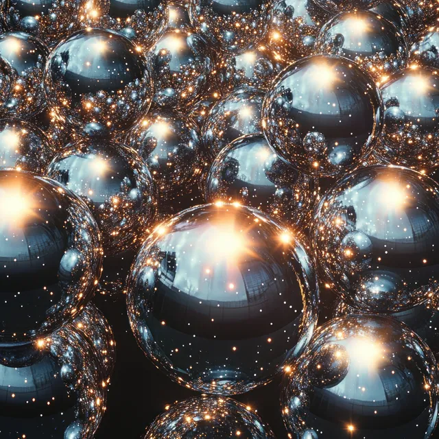 Dense cluster of reflective metallic spheres shimmering with glowing light reflections on a dark background.