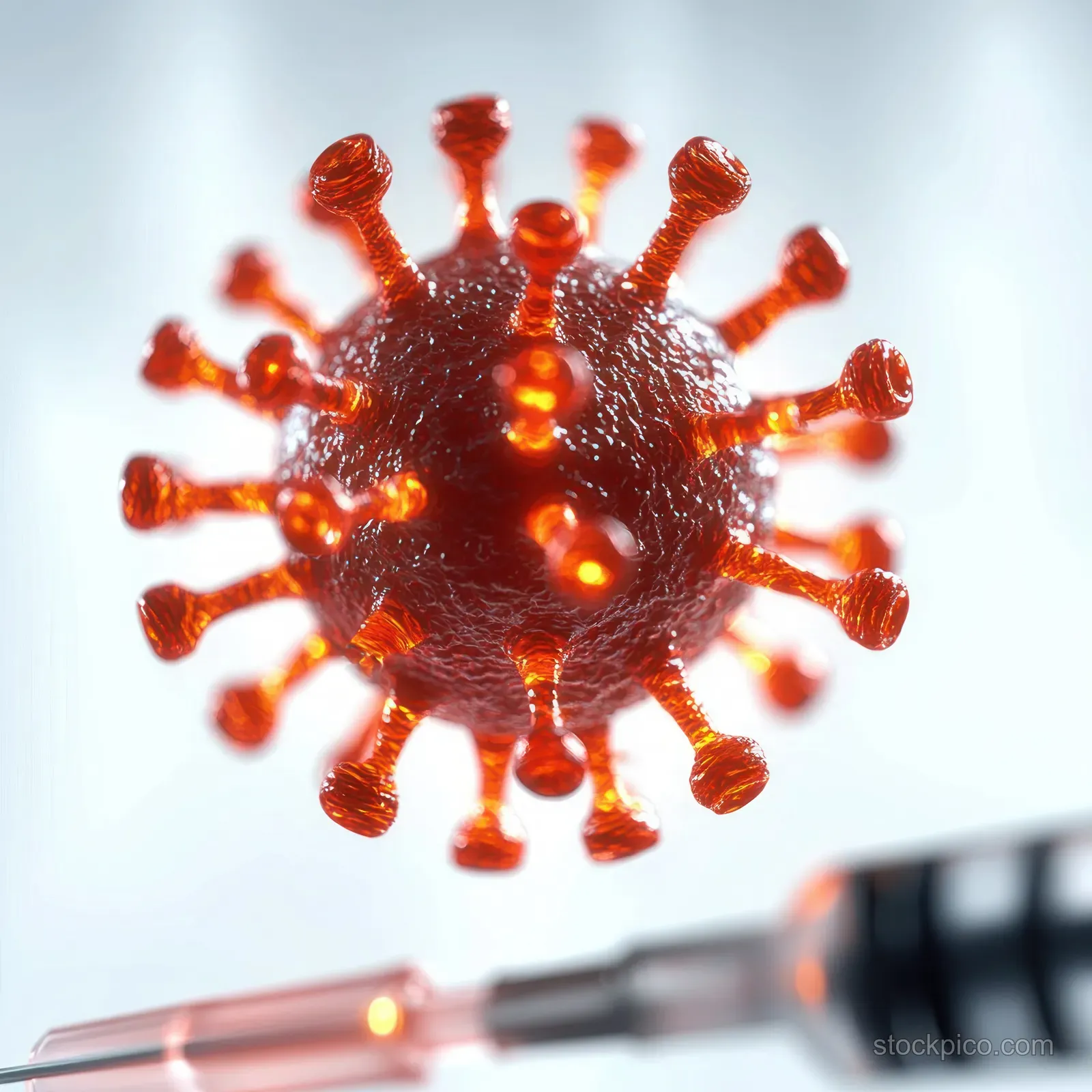 Close-up virus particle with glowing orange spike proteins near a syringe needle tip.