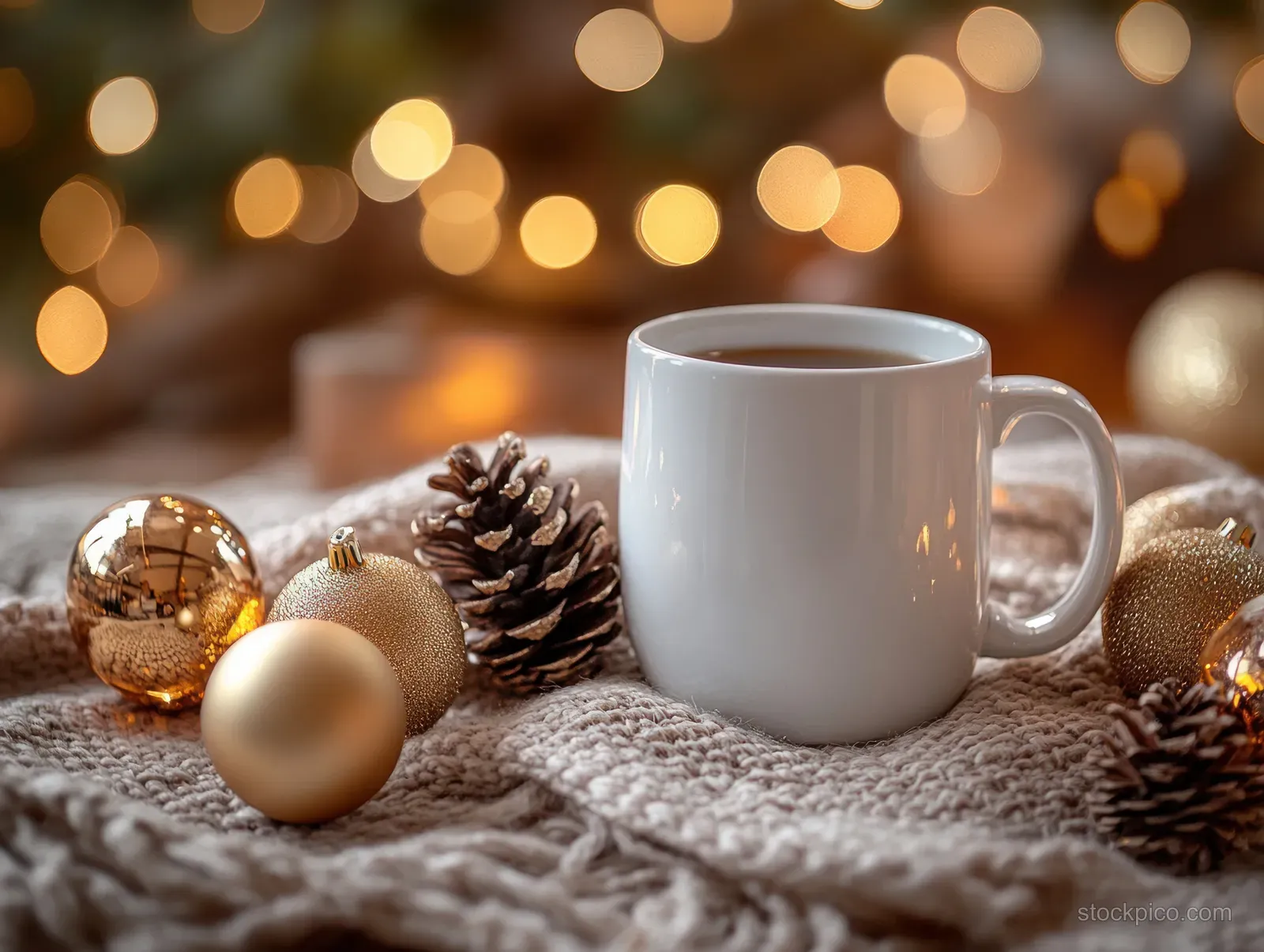 White mug on rustic fabric with pinecones and gold ornaments under warm bokeh holiday lights.
